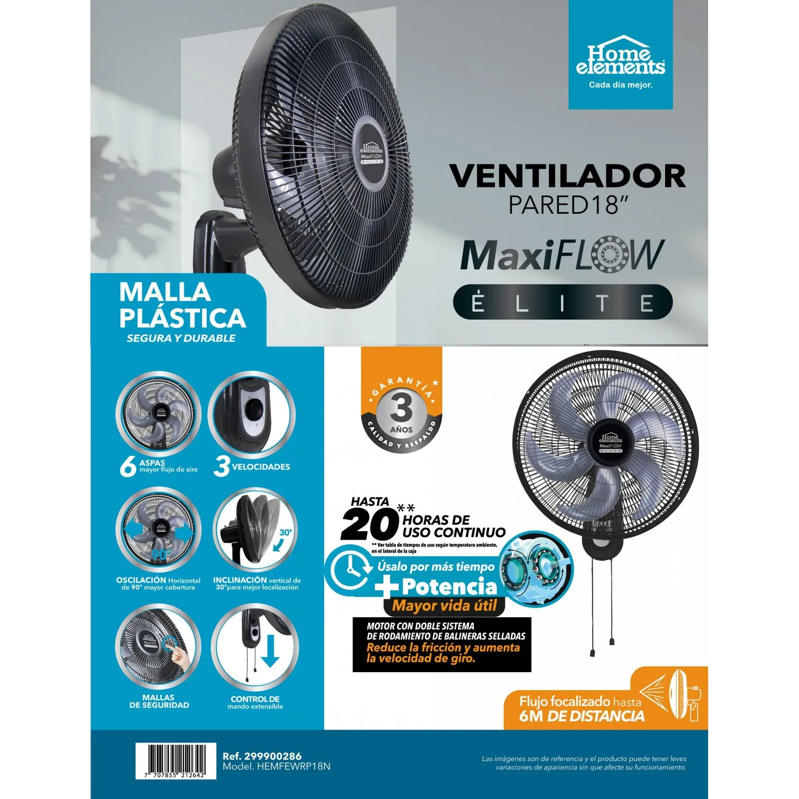 VENTILADOR HOME ELEMENTS NEGRO DE PARED DE 18 PULGADAS MALLA PLASTICA+ SANDUCHERA - Image 3